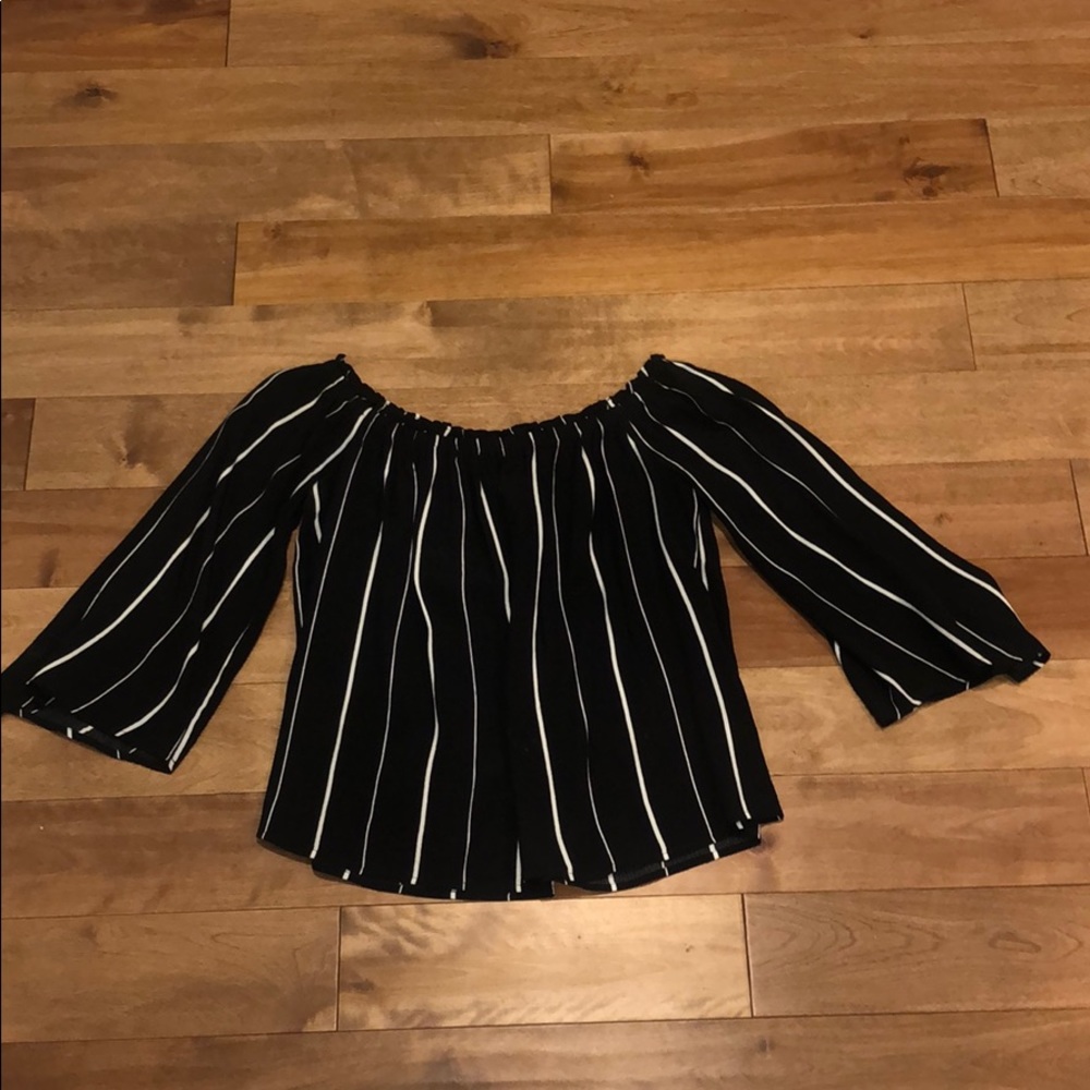 Pin stripe off the shoulder blouse